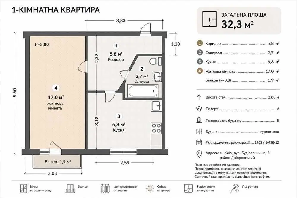 Фото Продаю 1-комнатную квартиру, 34 кв. м, Строителей ул. 8 Киев, цена: 33000 USD, код 6636